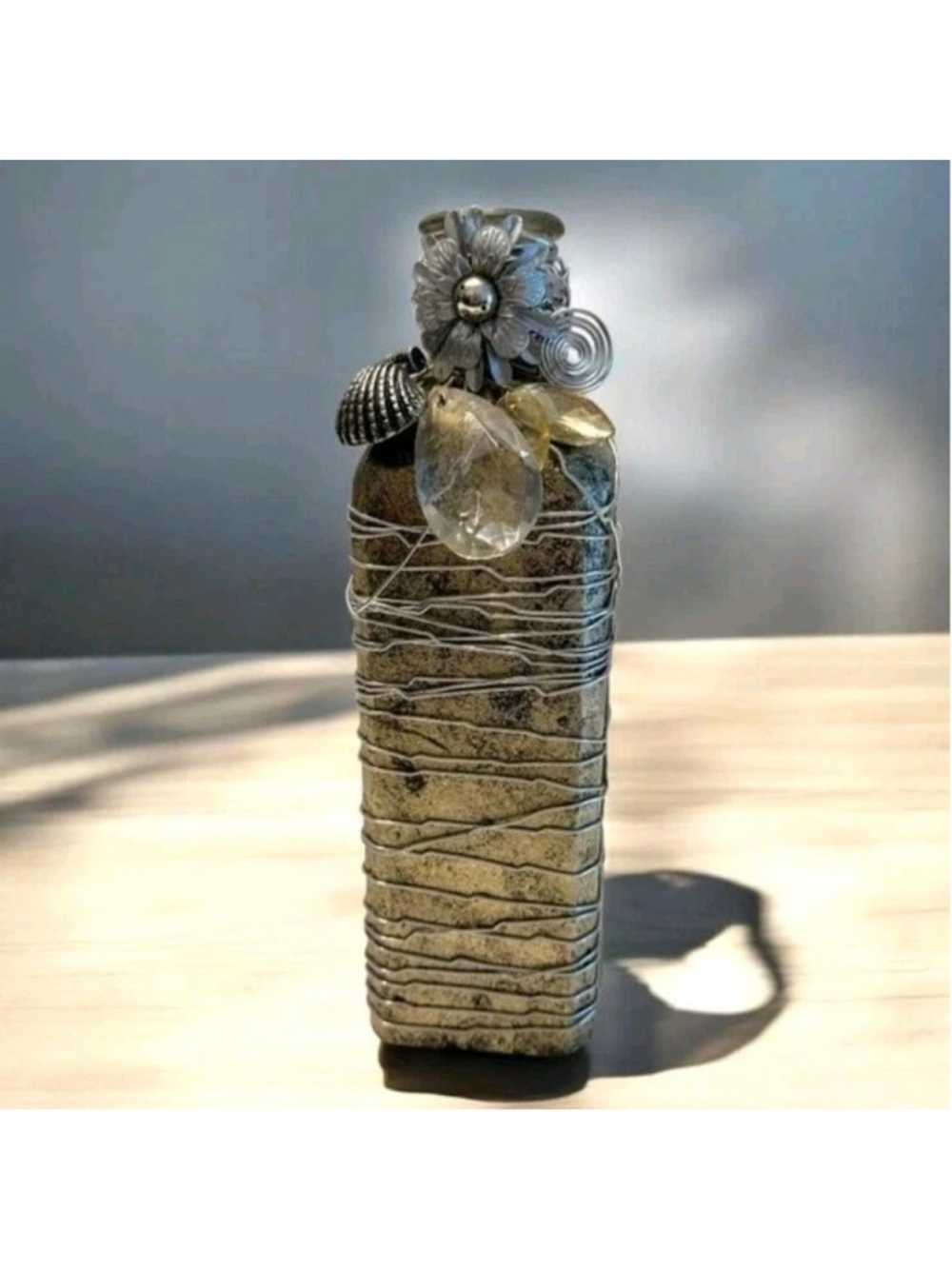 PIER 1 Decorative Bottle Vase Wire Wrapped Gold and Silver Tones Metal Flowers